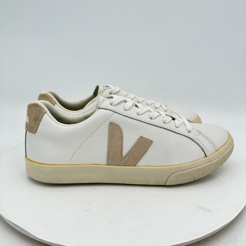 VEJA Esplar Women Size 7 White Leather Tan V Logo Lace Up Sneakers - Picture 4 of 11